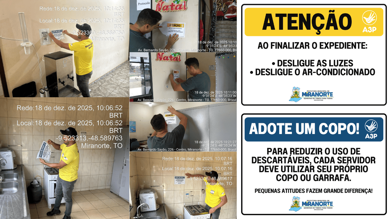 Prefeitura de Miranorte realiza ação da A3P com adesivação educativa para uso racional de recursos e gestão de resíduos